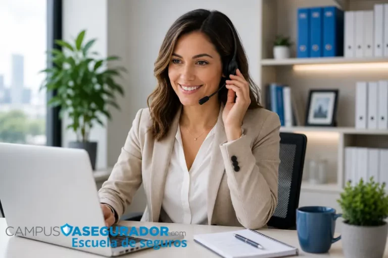Atención al Cliente y Formación en Campus Asegurador Asesora de seguros con auriculares sonriendo en oficina profesional ante logo de Campus Asegurador.