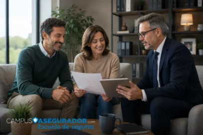 Pareja consulta documentos con asesor de Campus Asegurador sobre servicios financieros y formación técnica en seguros.