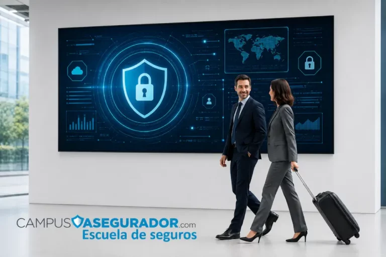 Ciberseguridad Seguros: Formación en Campus Asegurador Escudo digital de ciberseguridad y pareja profesional. Logotipo Campus Asegurador Escuela de Seguros.