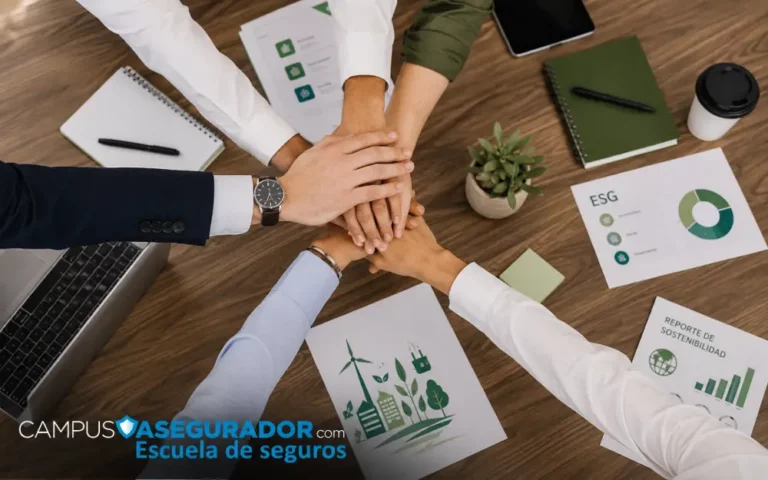 Capacitación Seguros Trabajo Equipo Campus Asegurador Manos unidas de profesionales sobre escritorio con logo Campus Asegurador y elementos gráficos de sostenibilidad global.