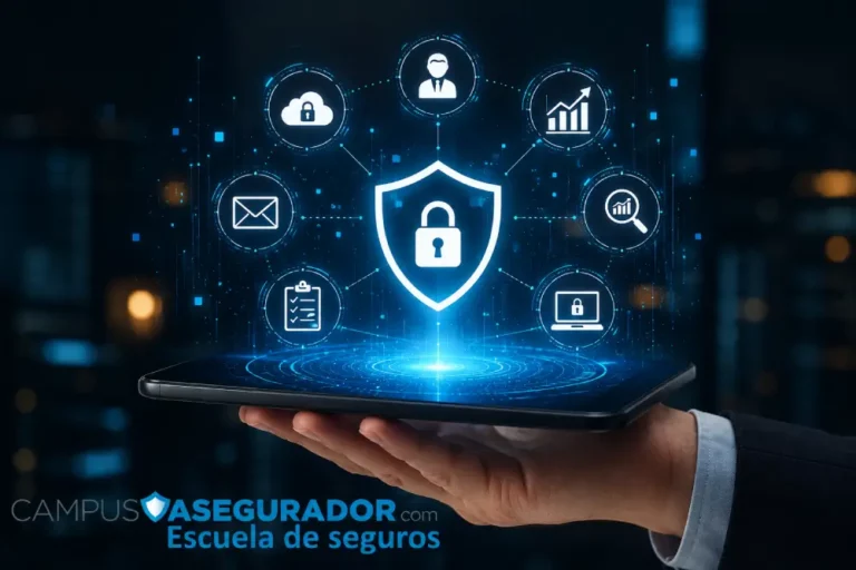 Escuela de Seguros Digitales y Gestión de Riesgos Logotipo Campus Asegurador y mano con tablet proyectando iconos de ciberseguridad, gestión y analítica en entorno digital.