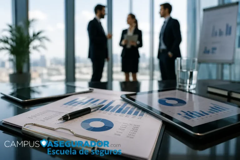 Formación especializada para profesionales del sector seguros Gráficos estadísticos y tablets en primer plano con equipo corporativo de Campus Asegurador en oficina de fondo.