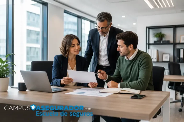 Campus Asegurador: Formación Especializada para Seguros Tres profesionales en oficina analizando documentos frente a logo Campus Asegurador Escuela de Seguros, entorno corporativo.