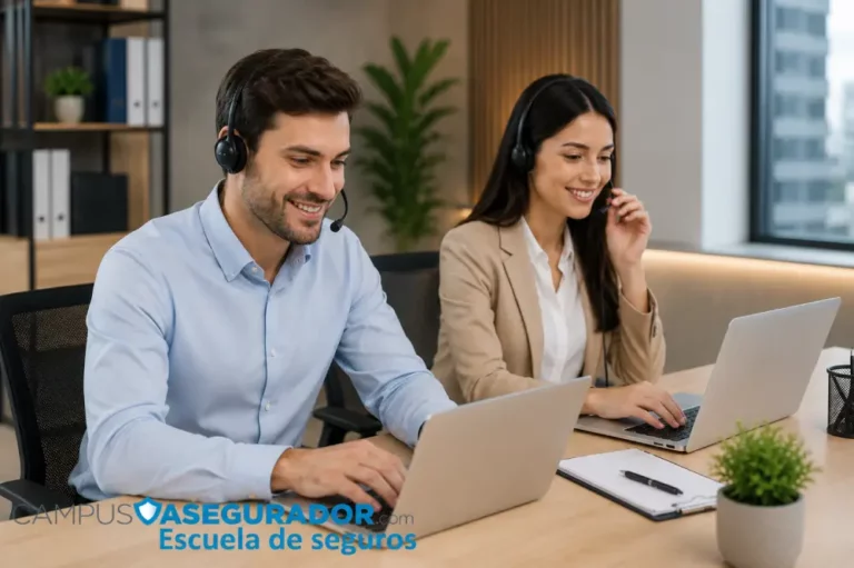 Campus Asegurador: Formación Profesional para el Sector Agentes de Campus Asegurador con auriculares y portátiles en oficina de formación y atención al cliente de seguros.