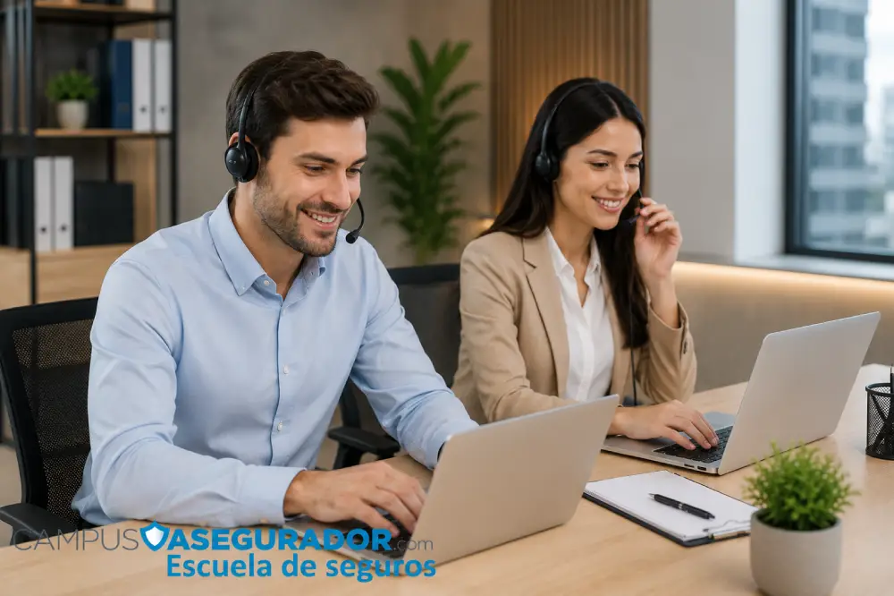 Agentes de Campus Asegurador con auriculares y portátiles en oficina de formación y atención al cliente de seguros.