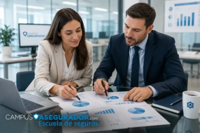 Analistas revisando informes de seguros con gráficos circulares y métricas en Campus Asegurador.