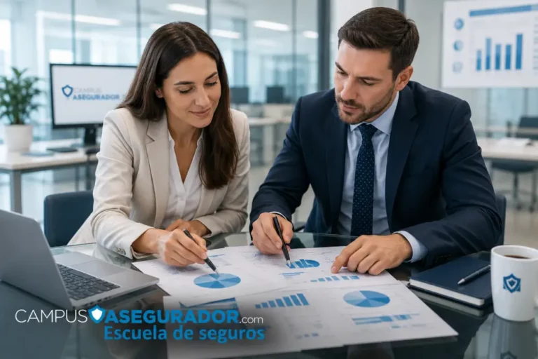 Formación en Análisis y Gestión de Seguros Profesionales Analistas revisando informes de seguros con gráficos circulares y métricas en Campus Asegurador.