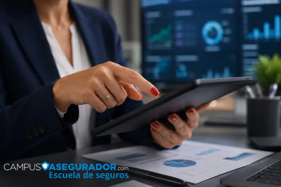Mano operando tablet con marca Campus Asegurador Escuela de Seguros en entorno profesional de gestión digital.
