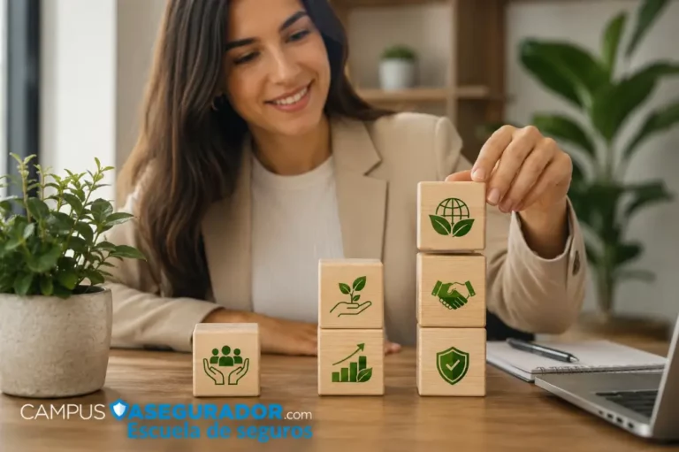 Formación en Seguros Sostenibles y Criterios ESG Persona apilando bloques con iconos de sostenibilidad y ESG frente al logotipo de Campus Asegurador Escuela de Seguros.