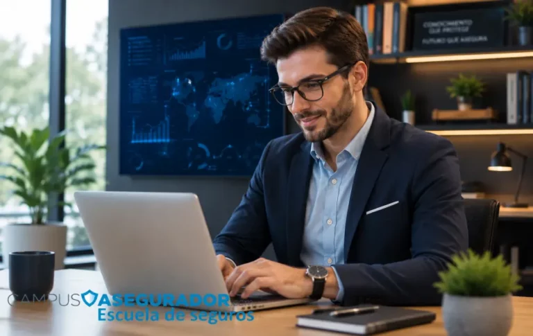 Formación Profesional Online en Seguros Campus Asegurador Profesional usando portátil para formación especializada de Campus Asegurador, escuela técnica de seguros.