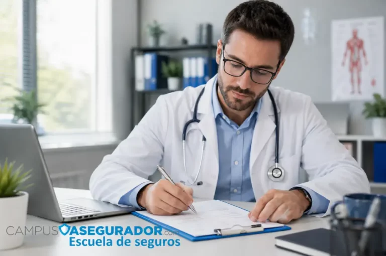 Gestión de Reclamaciones de Seguros de Salud Médico completa formulario de reclamación de seguro de salud sobre portapapeles azul de Campus Asegurador.