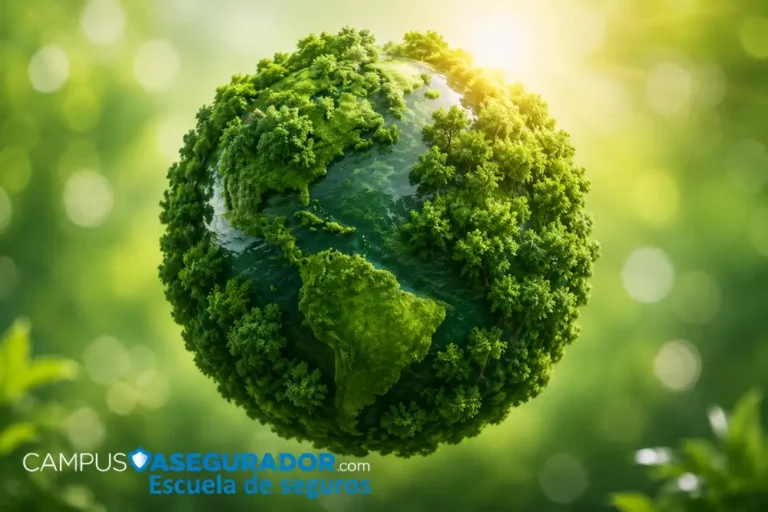 Seguros Sostenibles y Formación Ambiental Campus Asegurador Globo terráqueo forestal con vegetación densa y luz solar sobre logo de Campus Asegurador Escuela de Seguros.