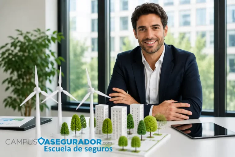 Formación Especializada en Seguros para Energías Verdes Experto en seguros ante maqueta de parque eólico y edificios sostenibles en Escuela de Seguros Campus Asegurador.