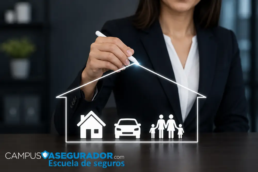 Formación Profesional en Seguros de Protección Integral Profesional trazando silueta de hogar protegiendo iconos de familia, coche y vivienda. Logotipo de Campus Asegurador.