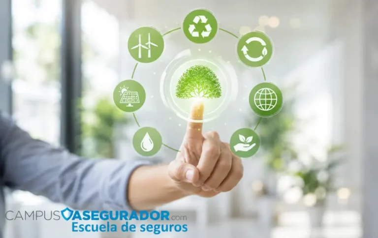 Seguros Sostenibles y Criterios ESG Campus Asegurador Interfaz táctil con iconos de energías renovables y economía circular sobre logotipo de Escuela de Seguros Campus Asegurador.