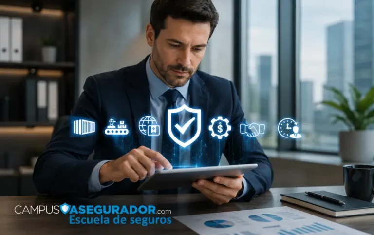 Seguros de Logística y Transporte | Campus Asegurador Profesional con tablet e iconos de logística, seguridad y finanzas para cursos de Campus Asegurador.