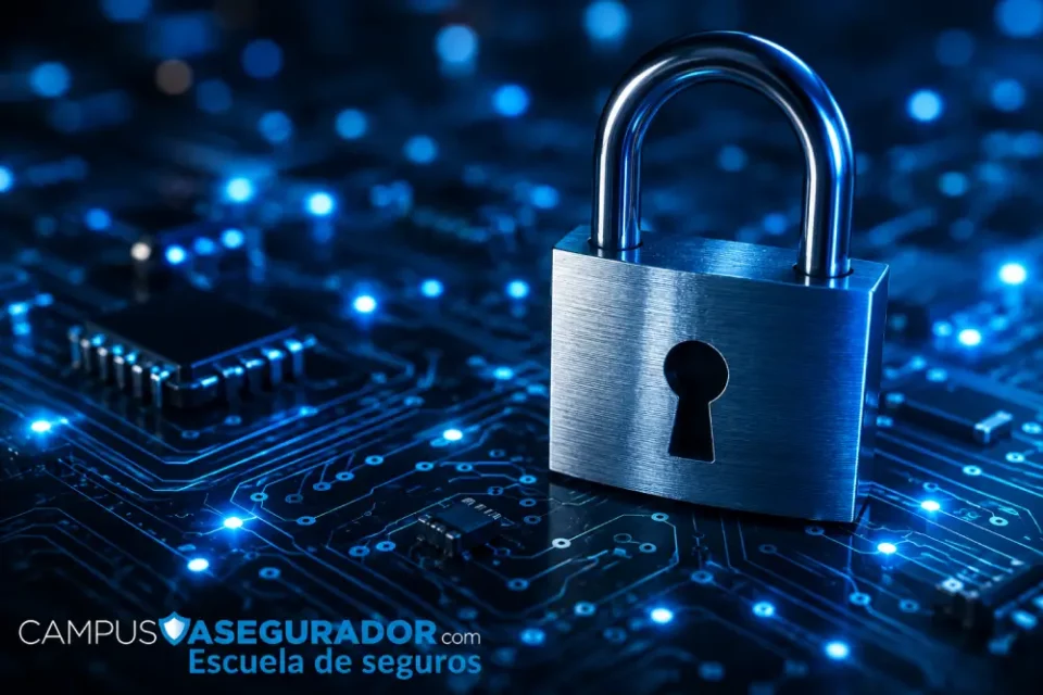 Candado metálico sobre circuito impreso con luces azules y marca Campus Asegurador Escuela de Seguros.
