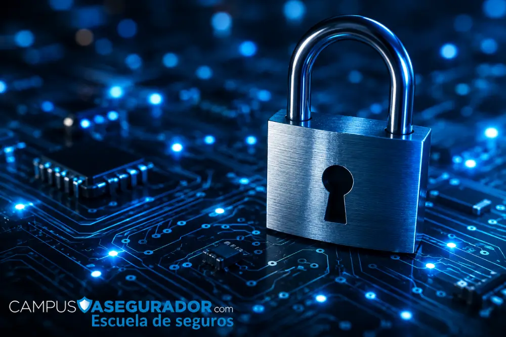 Ciberseguridad y Seguros para Protección de Datos Candado metálico sobre circuito impreso con luces azules y marca Campus Asegurador Escuela de Seguros.