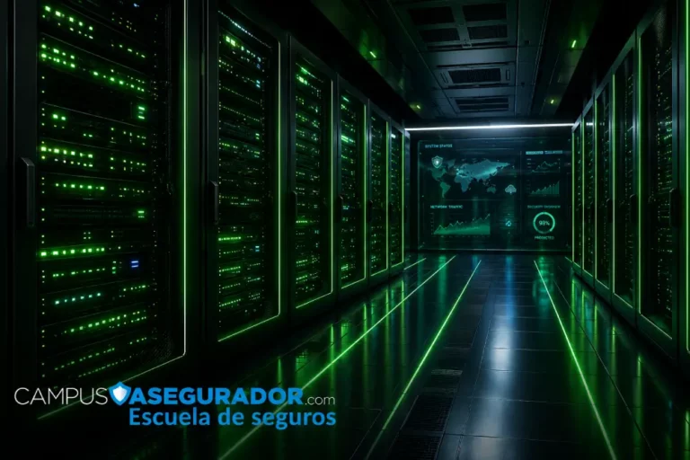 Infraestructura Digital y Ciberseguridad en Seguros Pasillo de servidores futuristas con iluminación verde y logotipo de Campus Asegurador Escuela de Seguros.