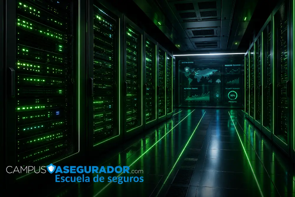 Pasillo de servidores futuristas con iluminación verde y logotipo de Campus Asegurador Escuela de Seguros.