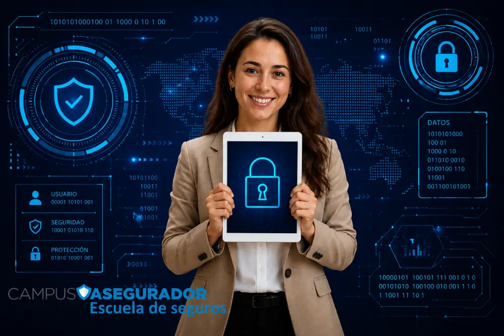 Ciberseguridad y Protección de Datos en el Sector Seguros Profesional con tablet mostrando candado digital sobre fondo de interfaz HUD y datos binarios en Campus Asegurador.