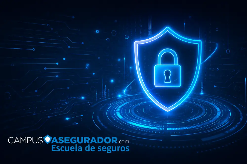 Escudo de ciberseguridad con cerradura sobre circuito azul. Logotipo Campus Asegurador Escuela de Seguros en el pie.