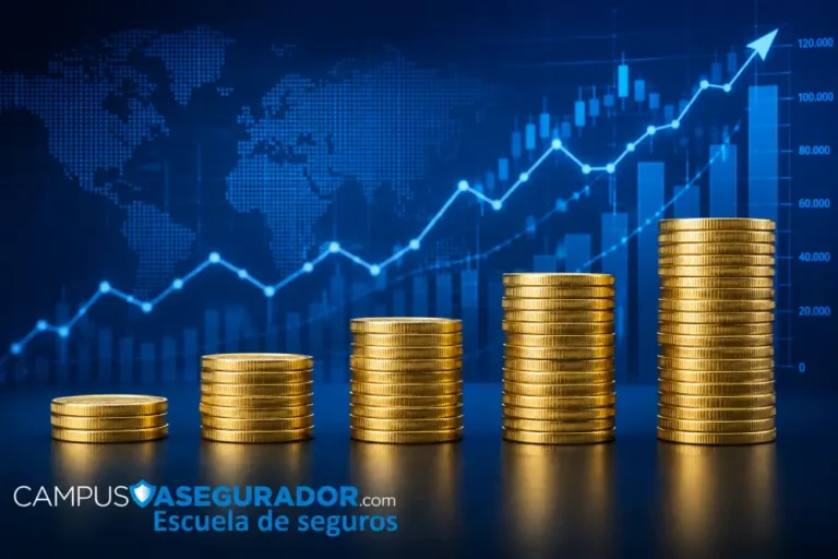 Crecimiento Financiero y Análisis del Mercado de Seguros Pilas crecientes de monedas doradas sobre gráfico bursátil azul representando evolución financiera y formación en seguros.