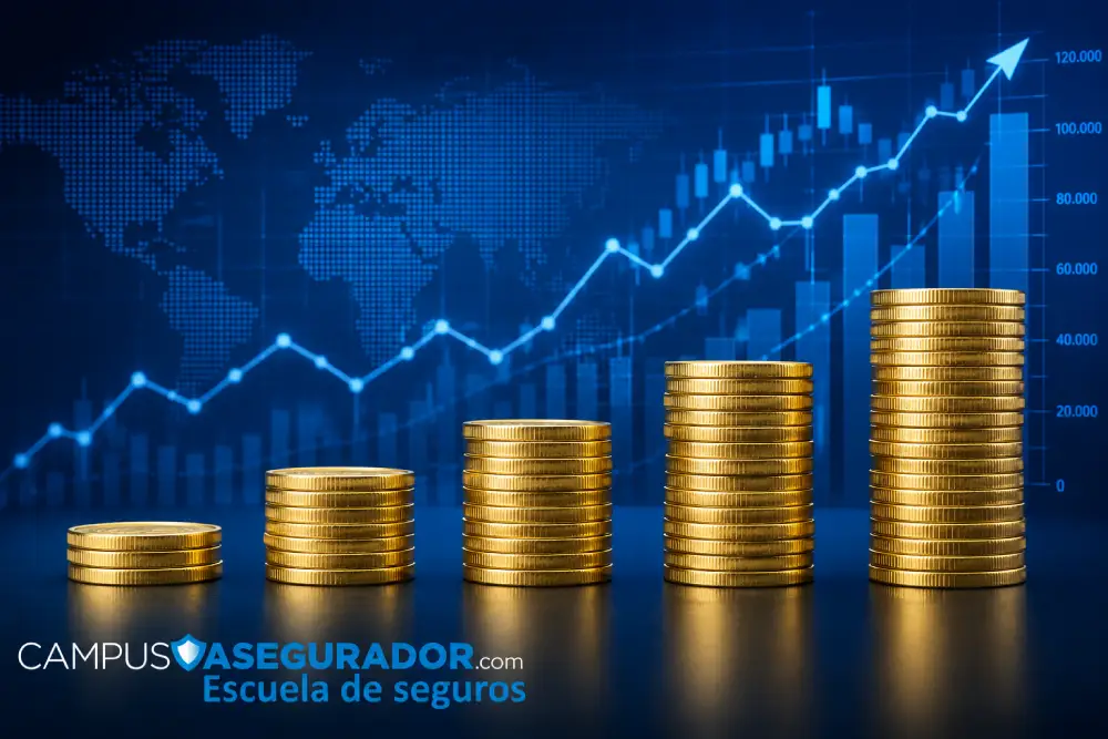 Crecimiento Financiero y Análisis del Mercado de Seguros Pilas crecientes de monedas doradas sobre gráfico bursátil azul representando evolución financiera y formación en seguros.