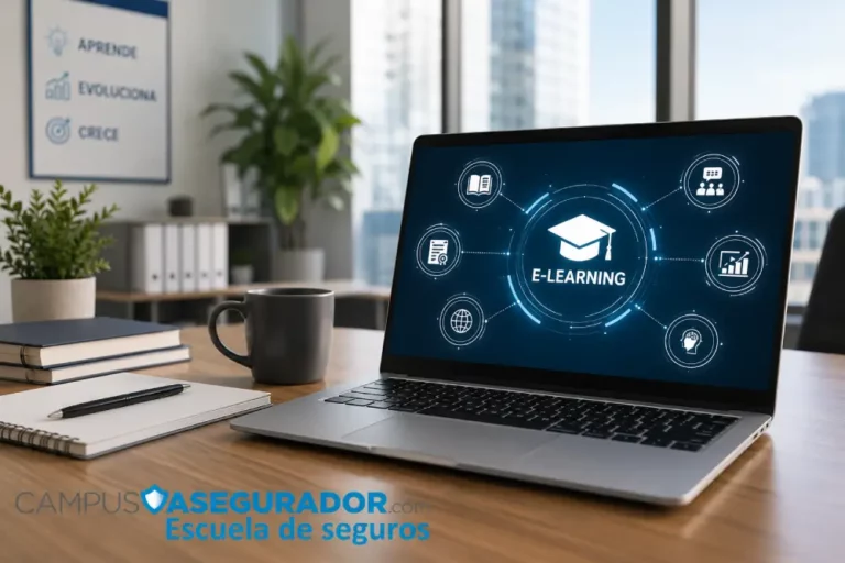 Formación Online en Seguros | Campus Asegurador Laptop con iconos de formación digital y marca Campus Asegurador Escuela de Seguros en un escritorio de oficina.