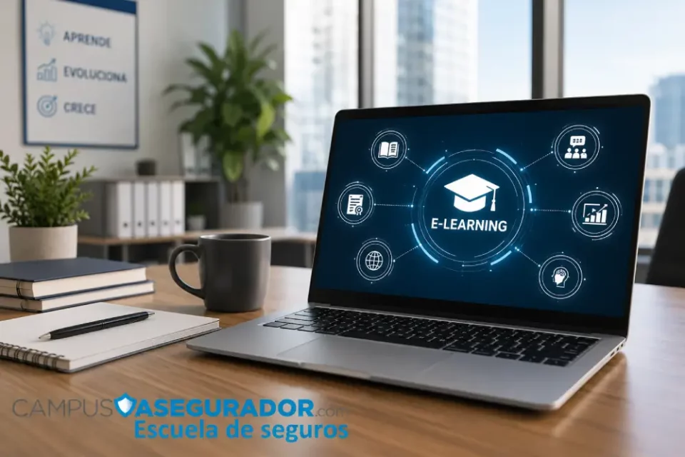Laptop con iconos de formación digital y marca Campus Asegurador Escuela de Seguros en un escritorio de oficina.
