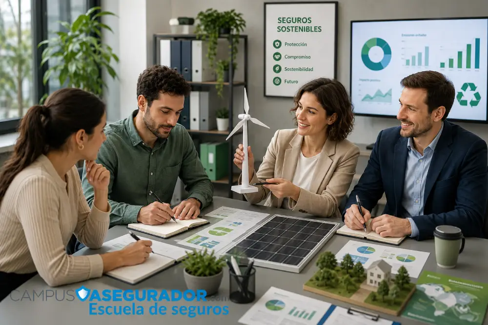 Profesionales de Campus Asegurador analizando maqueta de turbina eólica y panel solar en reunión sobre seguros sostenibles.