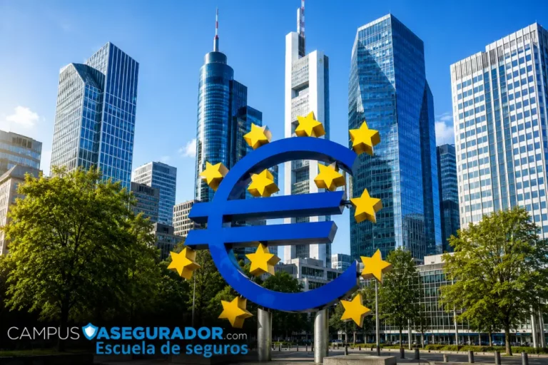 Escultura Euro Frankfurt: Icono de la Economía Europea Símbolo del euro azul con doce estrellas amarillas frente a rascacielos modernos en el distrito bancario de Frankfurt.