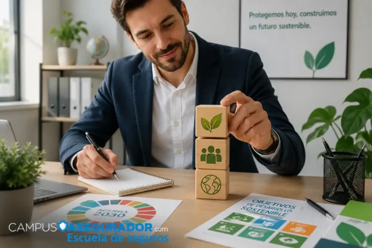 Estrategia ESG y Sostenibilidad en el Sector Seguros Profesional apilando cubos con iconos ecológicos y rueda ODS de Agenda 2030 junto al logo de Campus Asegurador.