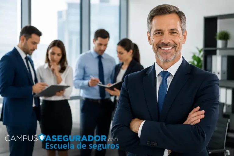 Formación para Profesionales en Escuela de Seguros Profesional de seguros sonriente frente a equipo de trabajo en oficina con logotipo de Campus Asegurador.