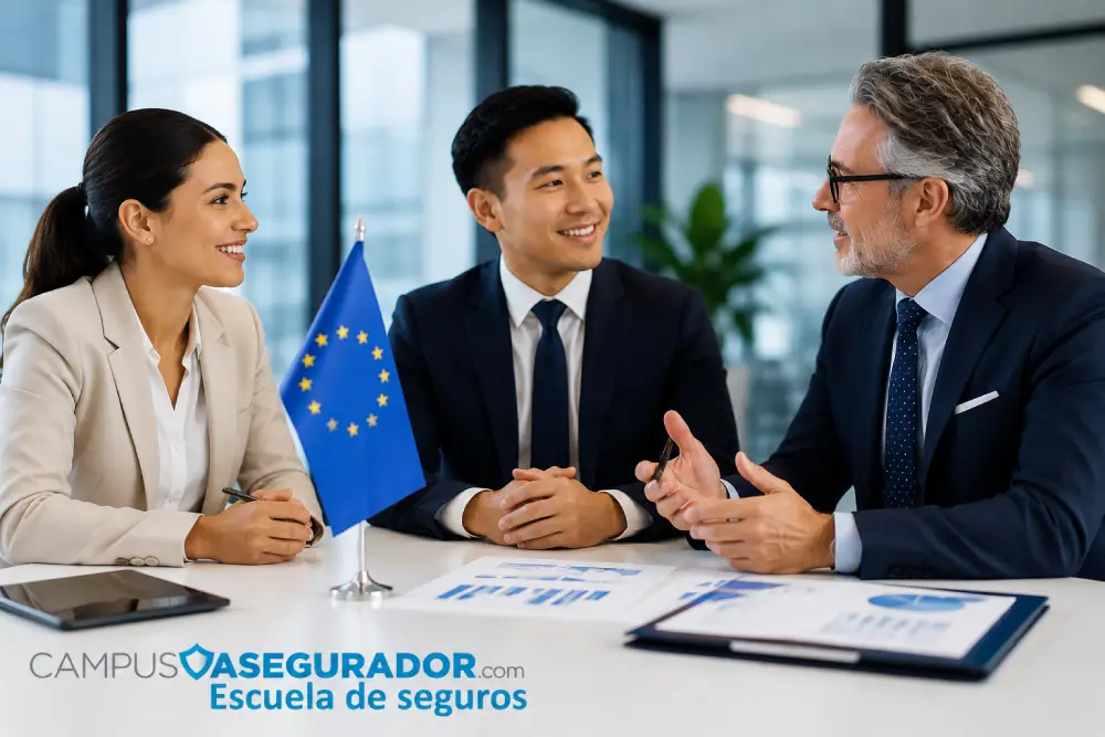 Tres profesionales en reunión junto a bandera de la Unión Europea y logotipo de Campus Asegurador Escuela de Seguros.
