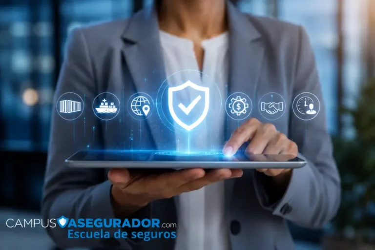Seguros de Logística y Gestión de Riesgos Empresariales Empresario con tableta digital e iconos de logística, finanzas y protección de marca Campus Asegurador.