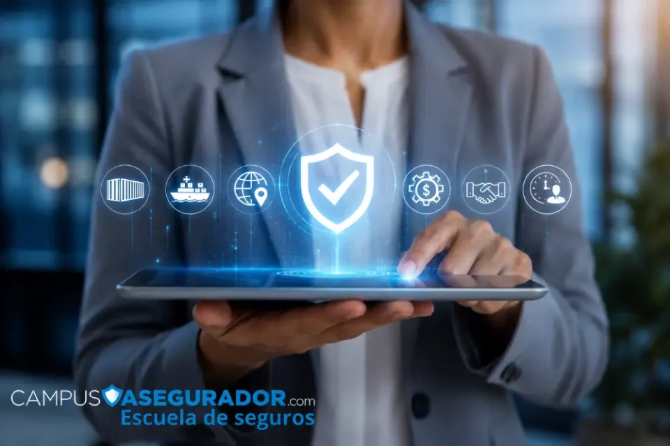 Empresario con tableta digital e iconos de logística, finanzas y protección de marca Campus Asegurador.