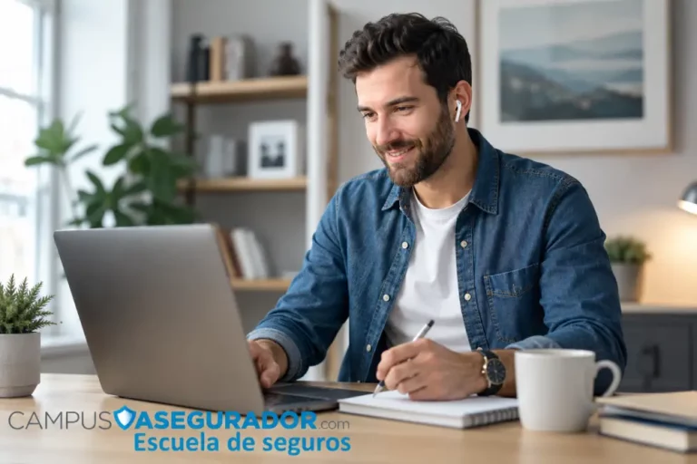 Certificación Profesional Seguros Online | Campus Asegurador Usuario de Campus Asegurador en sesión e-learning con portátil y auriculares para certificación técnica en seguros.