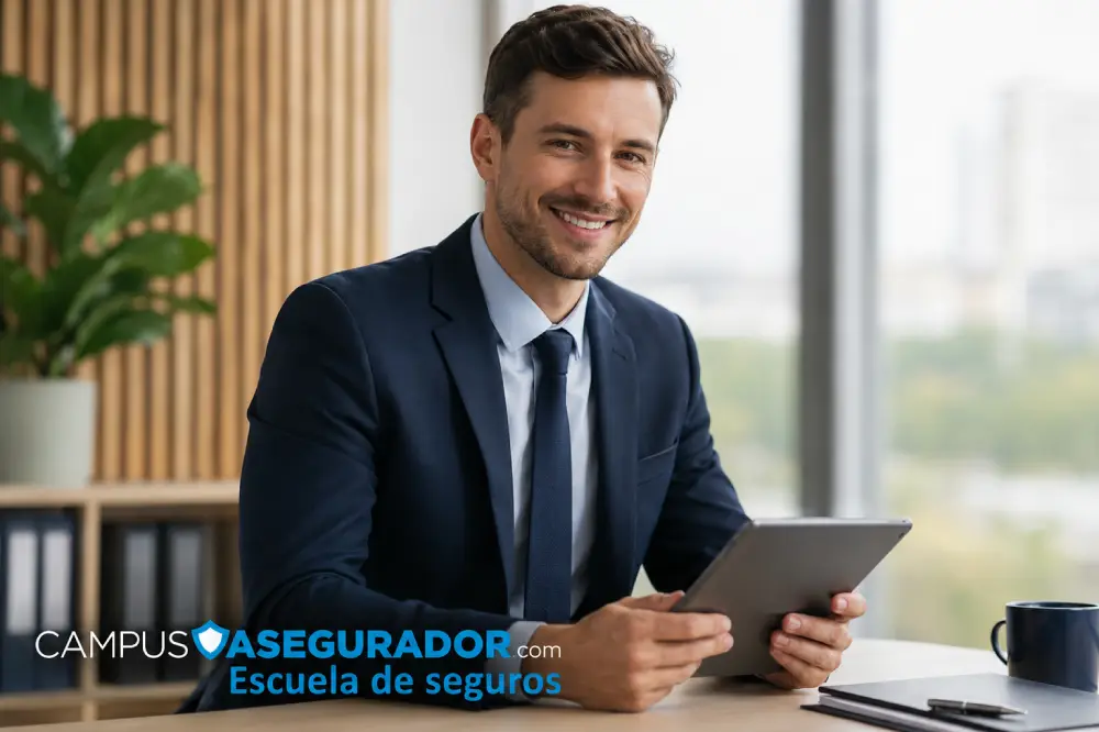 Asesor de seguros en traje corporativo portando tablet frente a logotipo de Campus Asegurador Escuela de Seguros.
