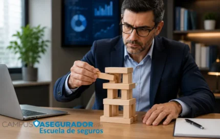 Estratega manipulando torre de madera, representando evaluación de riesgos financieros para Campus Asegurador.