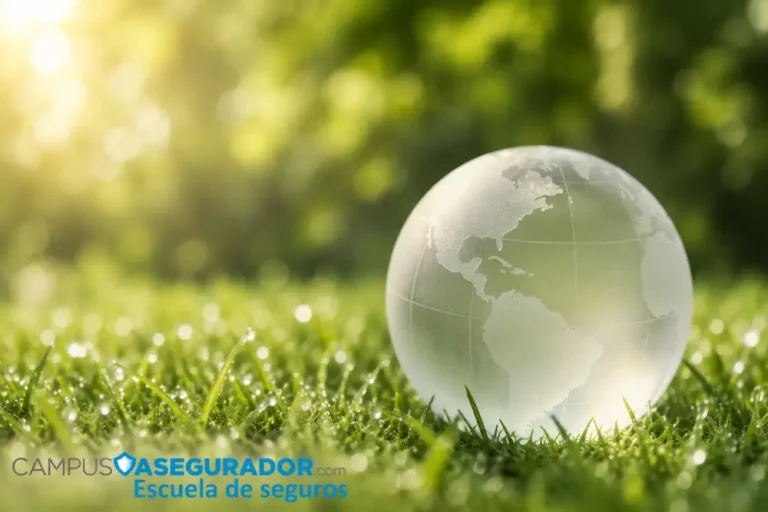 Seguros Globales y Sostenibilidad Ambiental Globo terráqueo de cristal sobre césped con desenfoque bokeh y logo de Campus Asegurador Escuela de seguros.