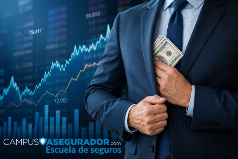 Fraude Financiero y Corrupción en el Sector de Seguros Hombre de traje guardando billetes de cien dólares en bolsillo interior sobre fondo de gráfico bursátil.