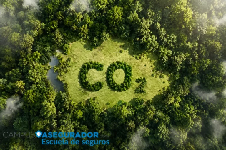 Seguros Ambientales y Estrategias de Descarbonización Texto CO2 formado por hojas en un claro forestal, ilustrando sostenibilidad y seguros ambientales de Campus Asegurador.