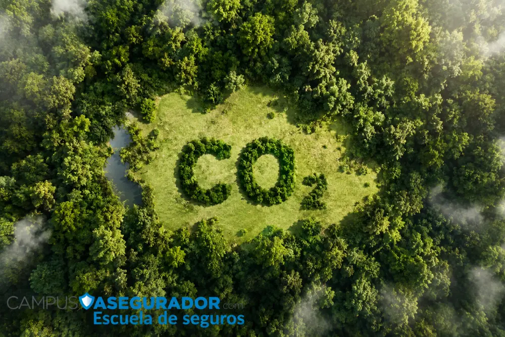 Texto CO2 formado por hojas en un claro forestal, ilustrando sostenibilidad y seguros ambientales de Campus Asegurador.