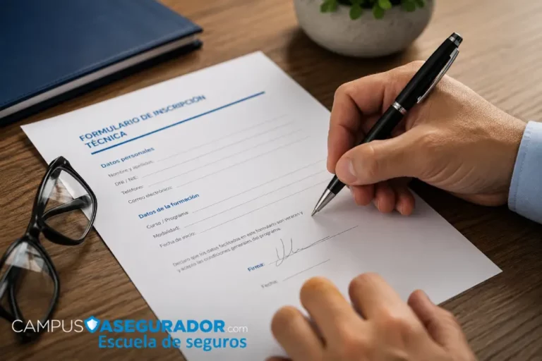 Formación Especializada para Profesionales del Seguro Mano firmando formulario de inscripción técnica en Campus Asegurador con bolígrafo negro y gafas sobre mesa de madera.