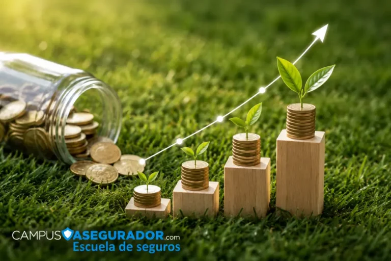 Crecimiento Financiero y Seguros – Campus Asegurador Brotes verdes sobre pilas de monedas de euro y frasco de ahorros con logotipo de Campus Asegurador en fondo de césped.