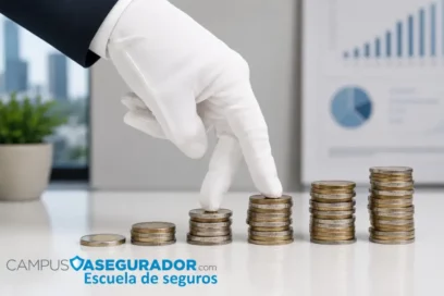 Mano con guante blanco caminando sobre pilas de monedas euro con logotipo de Campus Asegurador Escuela de Seguros.
