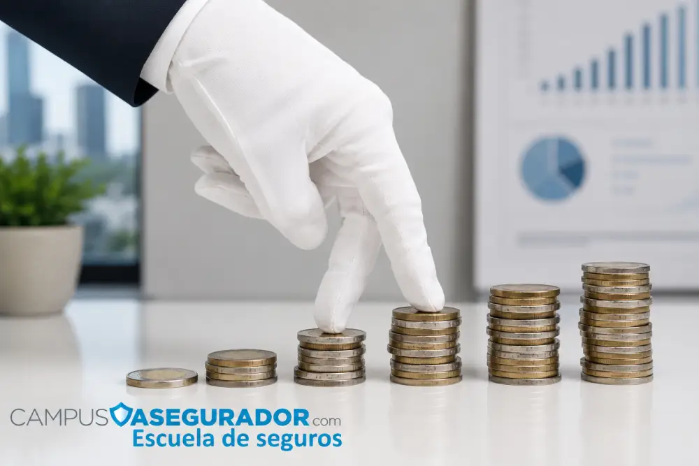 Mano con guante blanco caminando sobre pilas de monedas euro con logotipo de Campus Asegurador Escuela de Seguros.