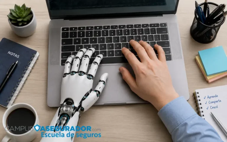Inteligencia Artificial y Humana en el Sector Seguros Mano humana y mano robótica tecleando juntas en un portátil de Campus Asegurador sobre escritorio con material de oficina.
