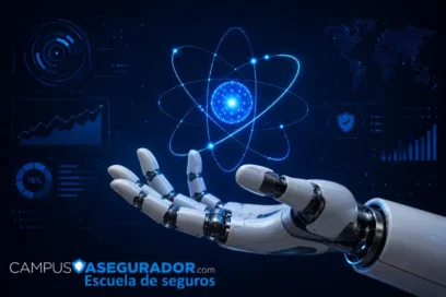 Mano robótica sosteniendo un átomo brillante con el logo de Campus Asegurador Escuela de Seguros en fondo tecnológico.
